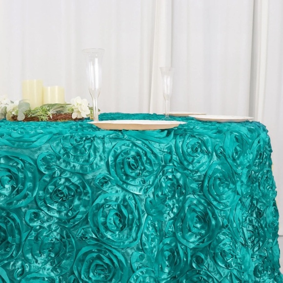 Wedding Rosette SATIN 120" Round Tablecloth - Dark Turquoise - Picture 3 of 8